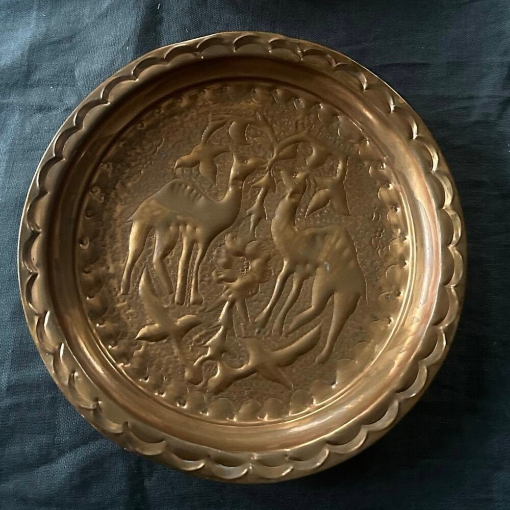Vintage Copper Tray Plate 12" Handmade camels Middle East birds Israel Wall Art